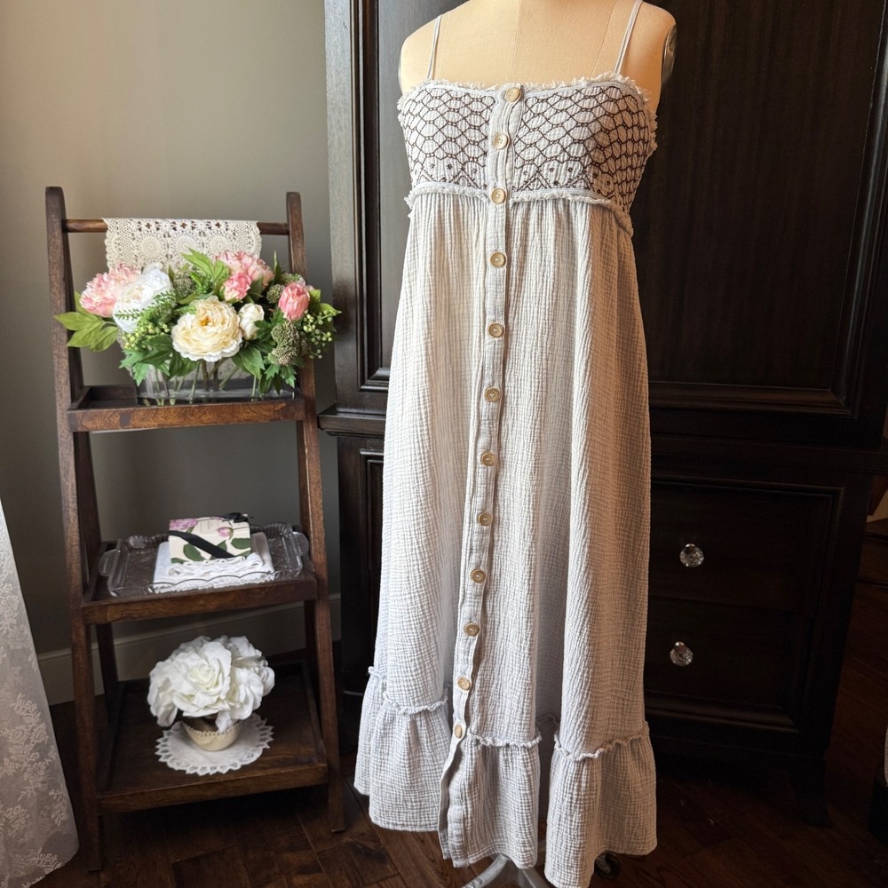 Mystree Maxi Dress Gauze Button Front Smocked Cami Ruffle Hem Size L Cottagecore
